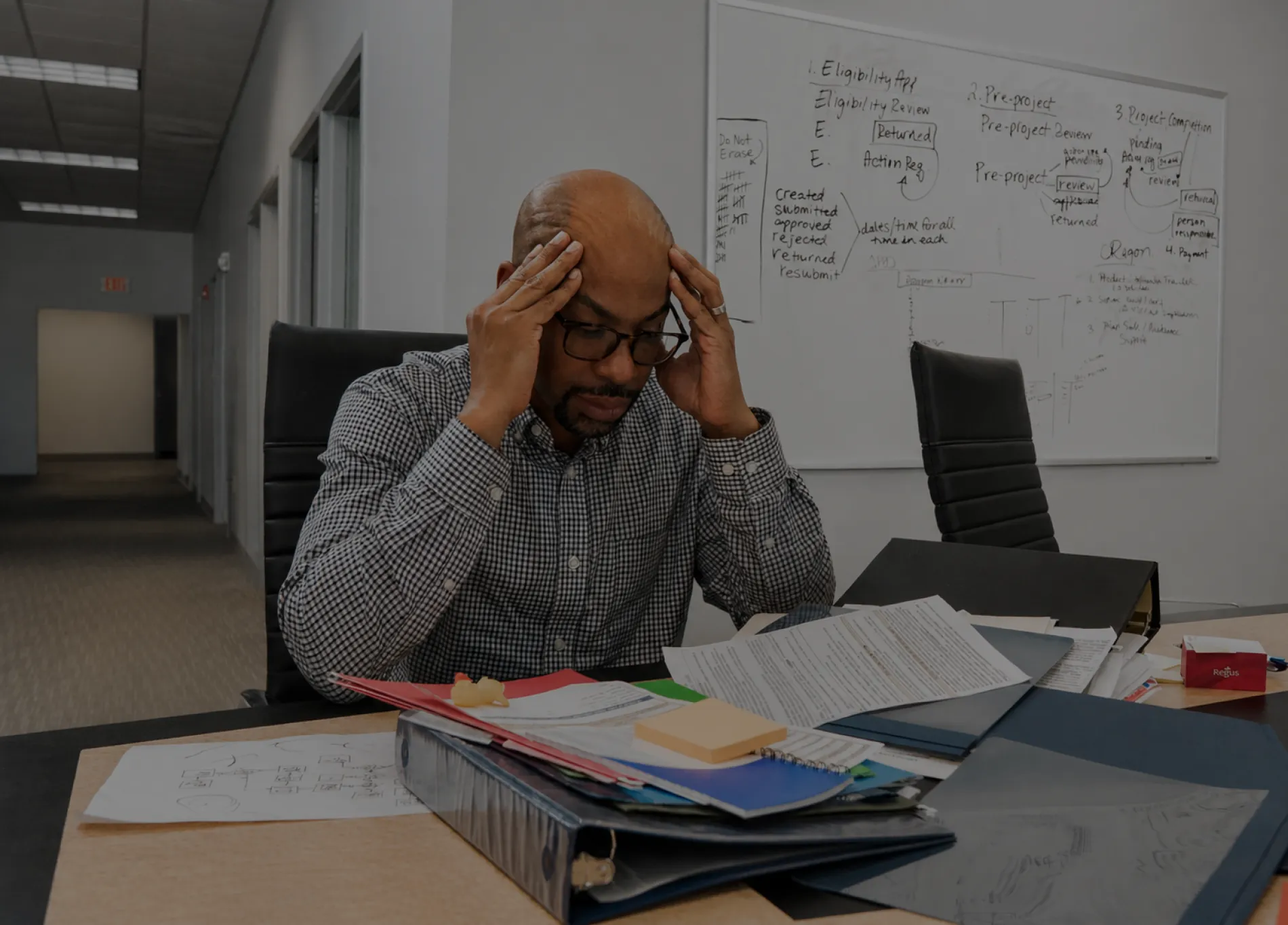 Frustrated man sitting at desk cluttered with documents, holding his head in his hands in an office with a whiteboard behind him.