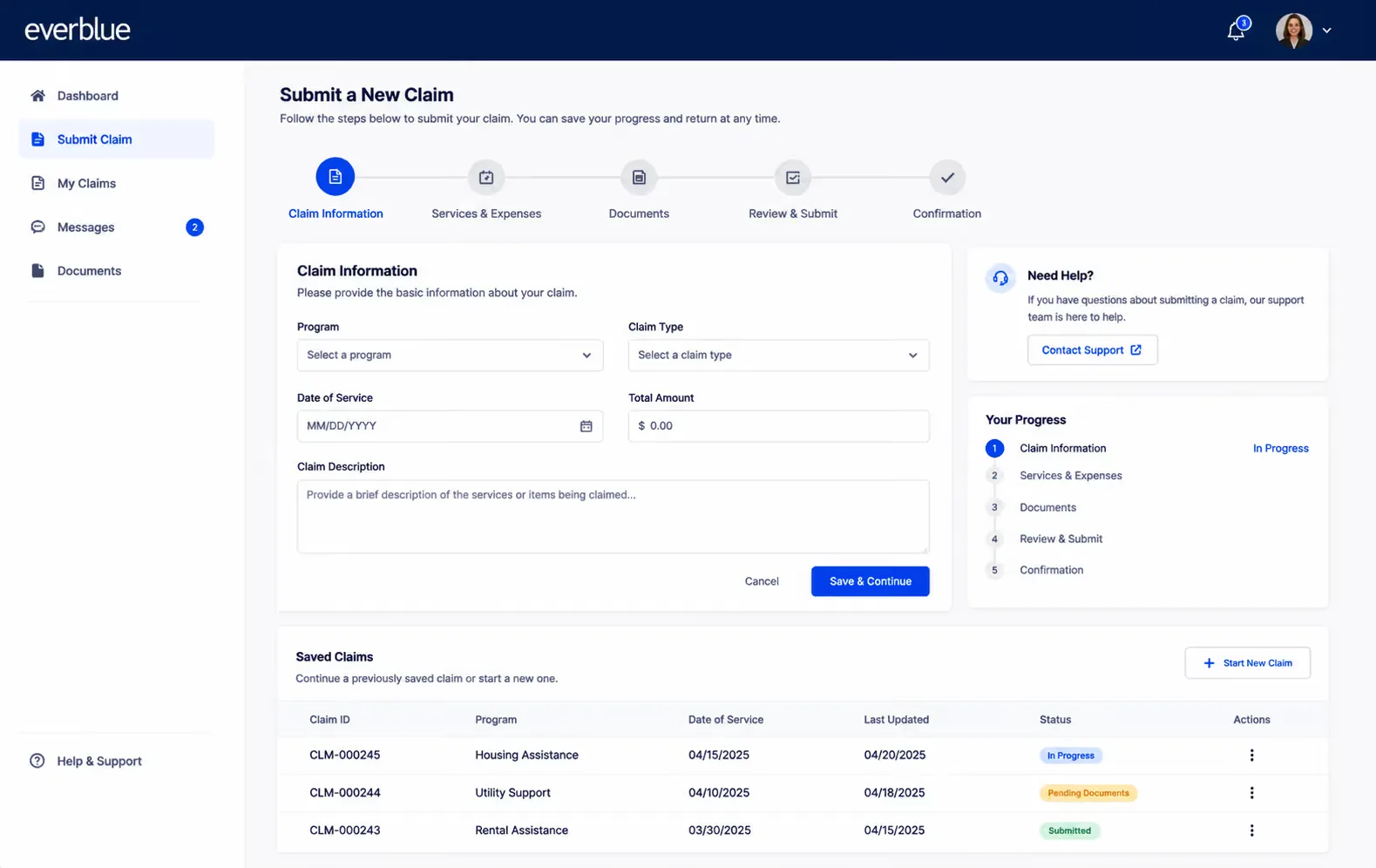 The Everblue claims portal, submitting a new claim.