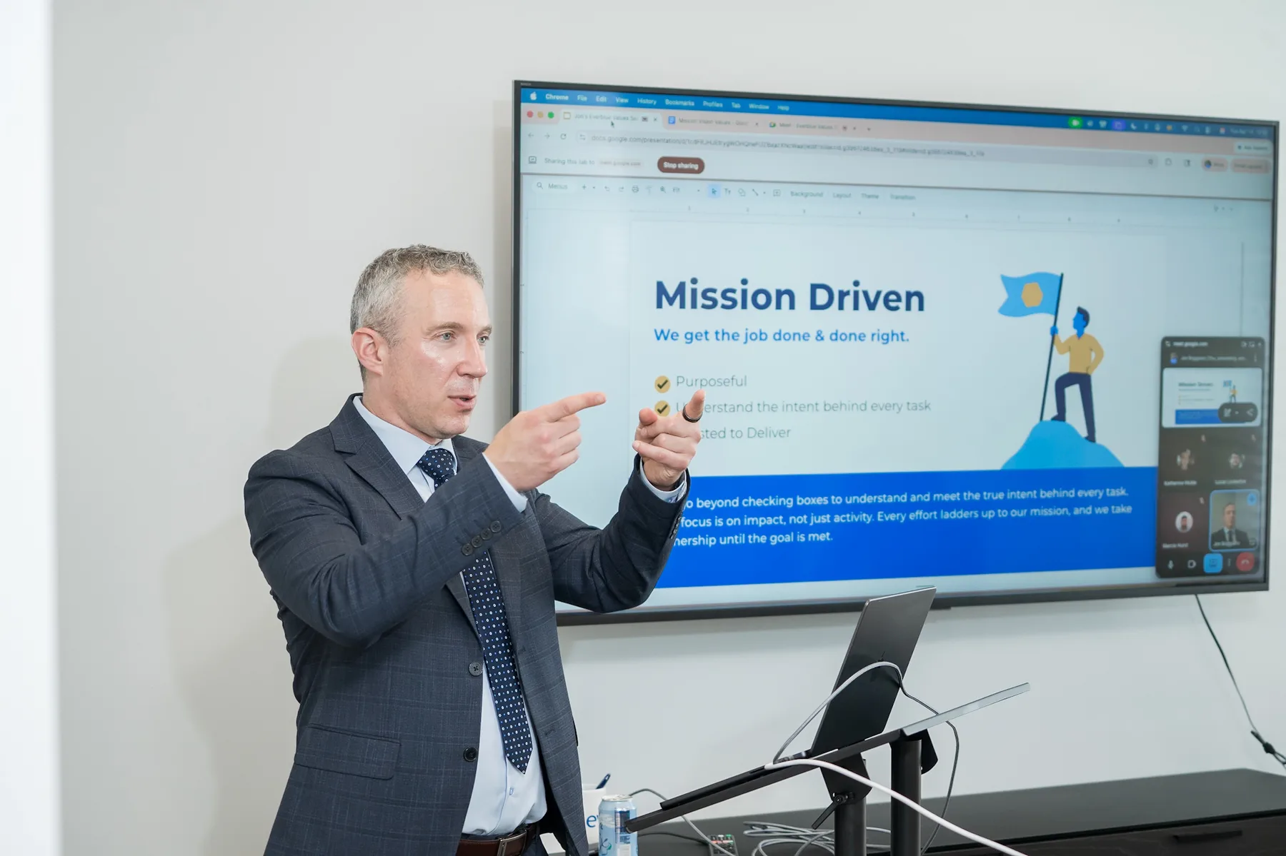 Everblue team member presenting Mission Driven values to the team.