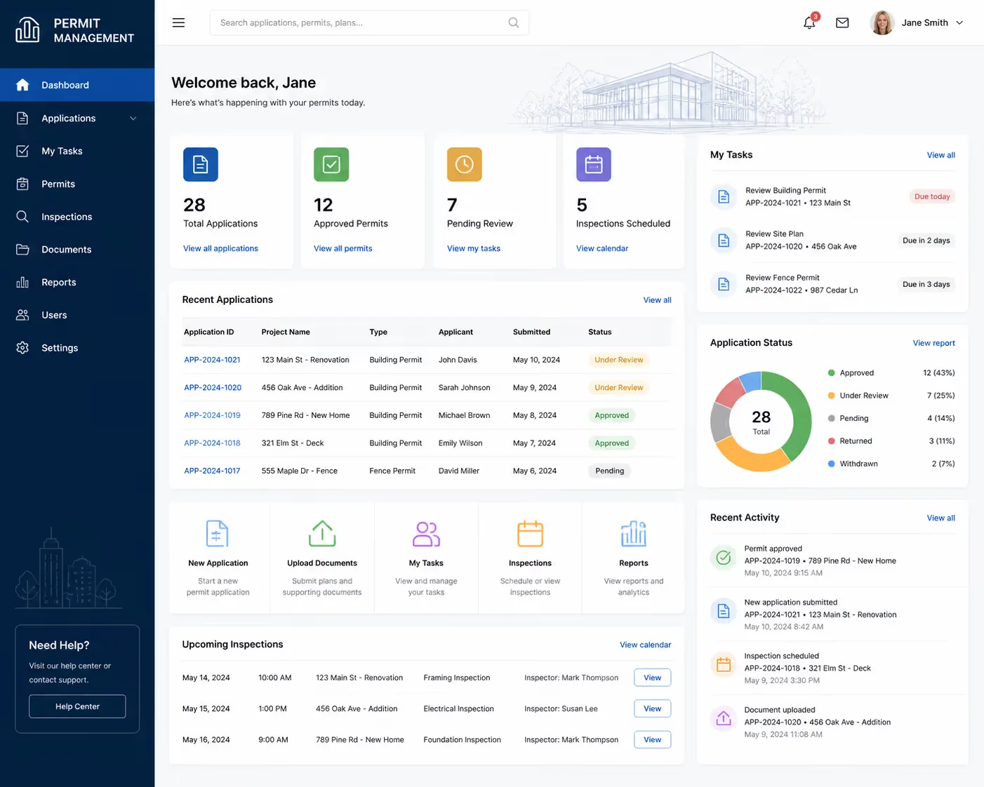 The Everblue permit portal dashboard with applications, tasks and recent activity.
