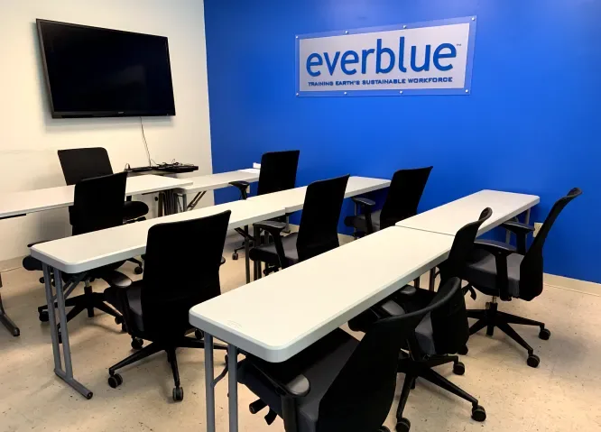 An Everblue training classroom set up for a class.