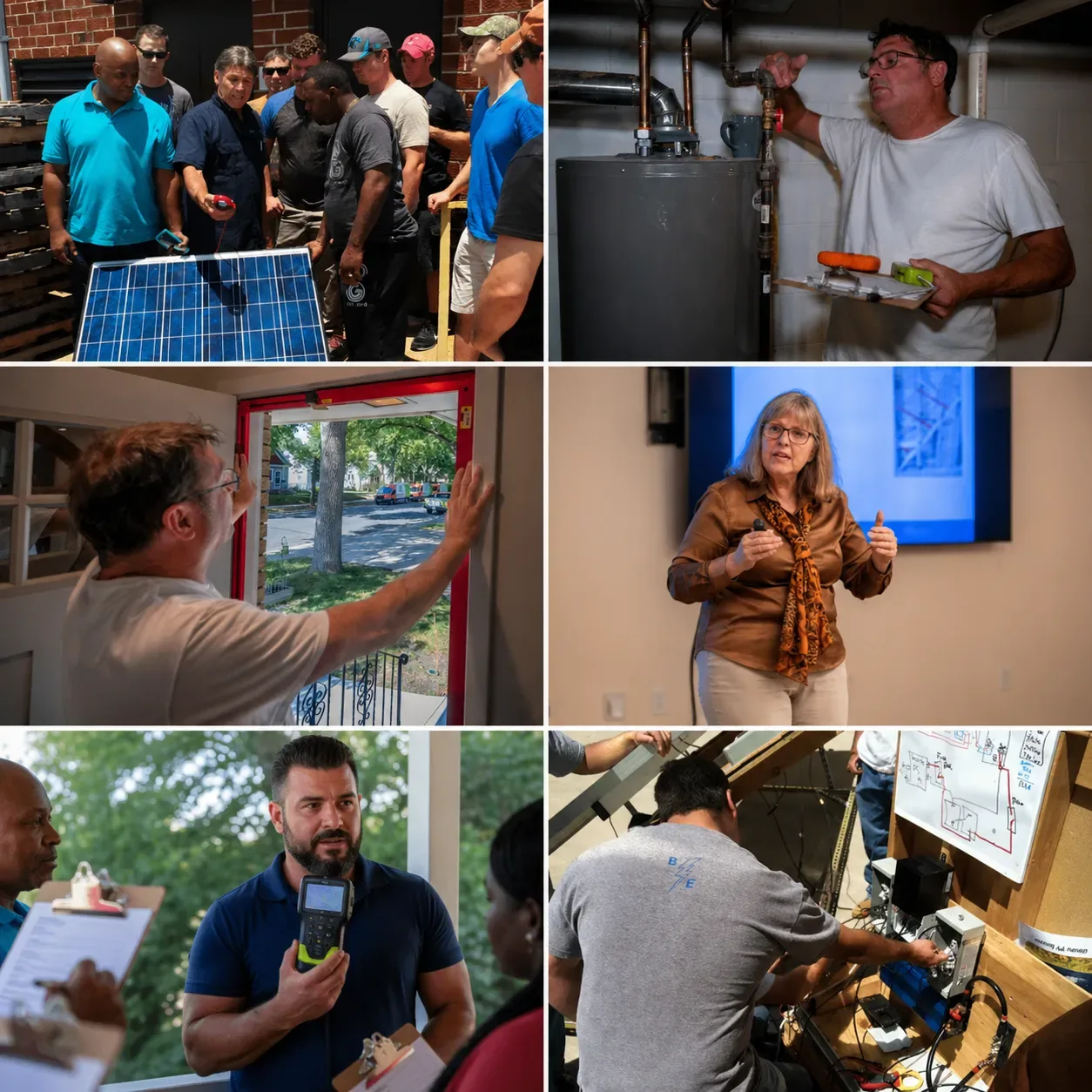 Collage of Everblue hands-on training: solar, HVAC and building science.