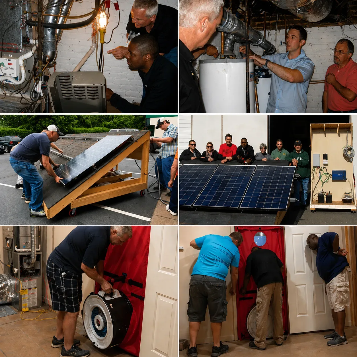 Collage of Everblue trainees working on solar panels and blower doors.